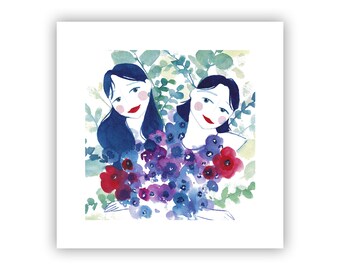 Vrouw met anemonen, bloemen, poëtische en kleurrijke illustratie, interieurdecoratie, cadeau-idee, vrouwelijkheid, romantisch, Moederdag