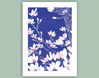 Magnolia, fleurs, illustration poétique et colorée, décoration d'intérieur, idée cadeau, romantique, fête des mères, peinture