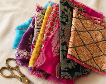 10-Piece Embroidered Sari Fabric Scraps, Assorted Indian Textile Remnant Bundle for Crafts