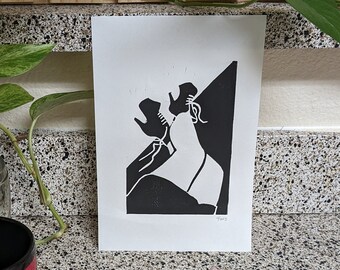 High heeled boots handmade lino print