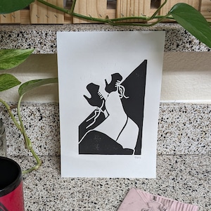 High heeled boots handmade lino print