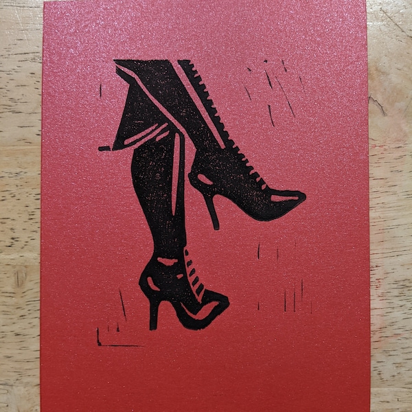 Dominatrix boots handmade lino print