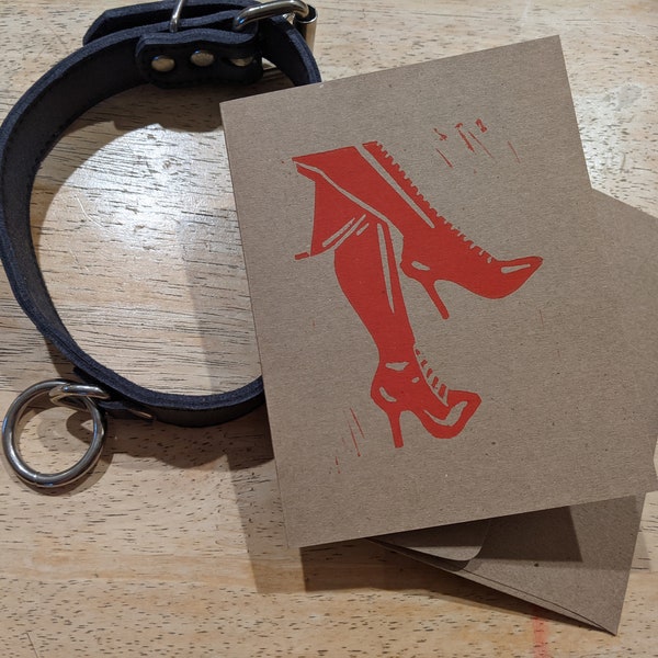 Hand printed card with dominatrix boots