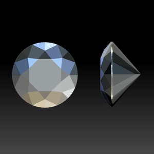 Może przedstawiać: Okrągły, fasetowany, ciemnoniebieski kamień szlachetny z srebrną oprawą. Kamień szlachetny jest pokazany z góry i z boku.