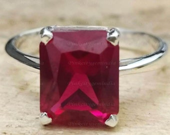 Handmade Emerald Cut Ruby Ring: 6.25 Carat, 925 Sterling Silver