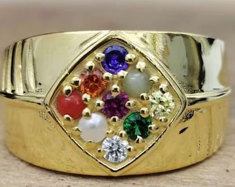 Handmade Navaratna 9 Stone Ring: Gold Plated Sterling Silver