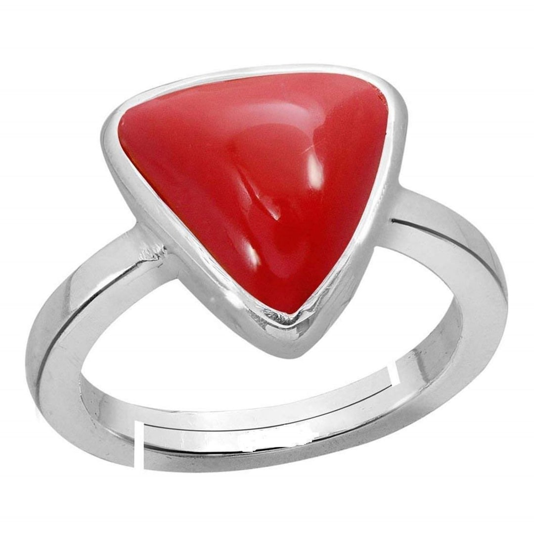 55 Carat Natural Triangle Coral Silver Ring For Men - Birthstone Ring In Sterling Silver (Sizes 4-13)