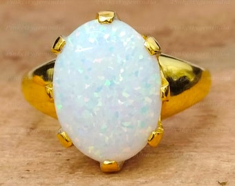 Anello con opale bianco naturale da 7,00 carati, placcato in oro 14K, anello fatto a mano per uomo e donna, regalo di Natale.