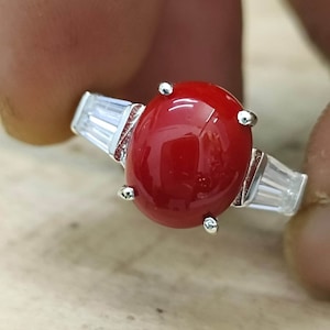 Handgemaakte 6,50 karaat koraalrode ring: 925 sterlingzilver