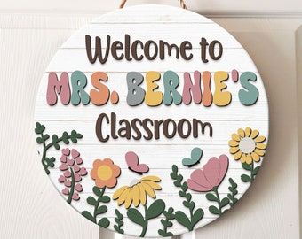 Personalized Teacher 3D Door Sign, Back To School Gifts, Classroom Door Hanger, Teacher Flowers Name Sign, Classroom Welcome Sign