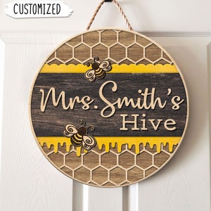 Personalized Classroom Door Sign, Teacher Door Sign, Teacher Gifts, Teacher Door Hanger, Bee Classroom Decorations, Bee Hive Decor