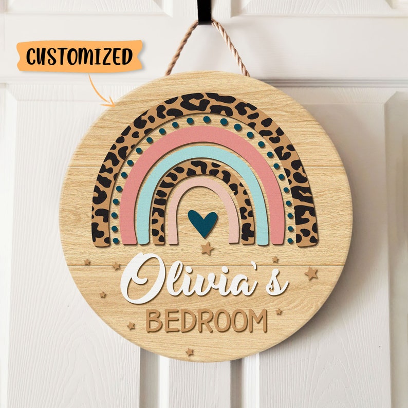 Personalized Kids Bedroom Door Sign Leopard Rainbow Kids Door Etsy