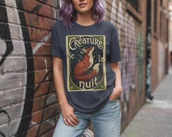 Fuchs Jugendstil T-Shirt | Französisches Vintage, Wildtier-Grafik, übergroßes Natur-T-Stück