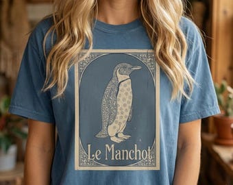 Pinguin Jugendstil T-Shirt | Vintage übergroßes Poster Tee, französische Vogel Grafik