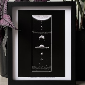 May include: A black and white illustration of the planets in our solar system, framed in a black frame. The planets are shown in a vertical line, with the sun at the top and Pluto at the bottom. The illustration is set against a black background.