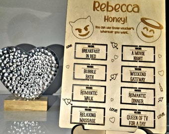 Personalised Wooden Love Vouchers Card, Love Coupons, Naughty Coupons, Redeemable Love Actions, Gift for Couple, Anniversary Gift, Tokens