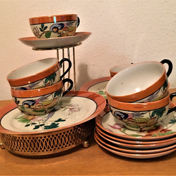 Vtg. Japanese Chikaramachi Lusterware Bird and Floral Luncheon Set