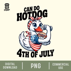 Może przedstawiać: Kaczka z kreskówki w czerwono-biało-niebieskim bandanie i trzymająca hantle. Kaczka trzyma hot doga w drugiej ręce. Tekst "Can Do Hotdog 4th of July" jest napisany nad kaczką.