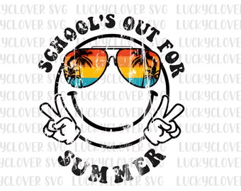 May include: A black and white graphic featuring a smiley face with sunglasses. The sunglasses have a beach scene inside. The text reads "School's Out For Summer" in a distressed font. The smiley face is giving a peace sign.