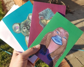 native Australian animal greeting cards - emu - koala - platypus - greeting cards pack - Canberra artist - cards