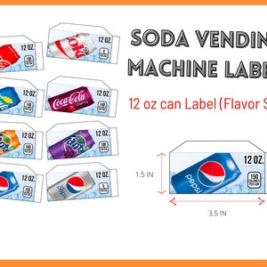 16!! SODA VENDING MACHINE 12 oz can label (Flavor Strip), Vending machine drink tabs, soda, labels for vending machines, 1.5x3.5 tabs
