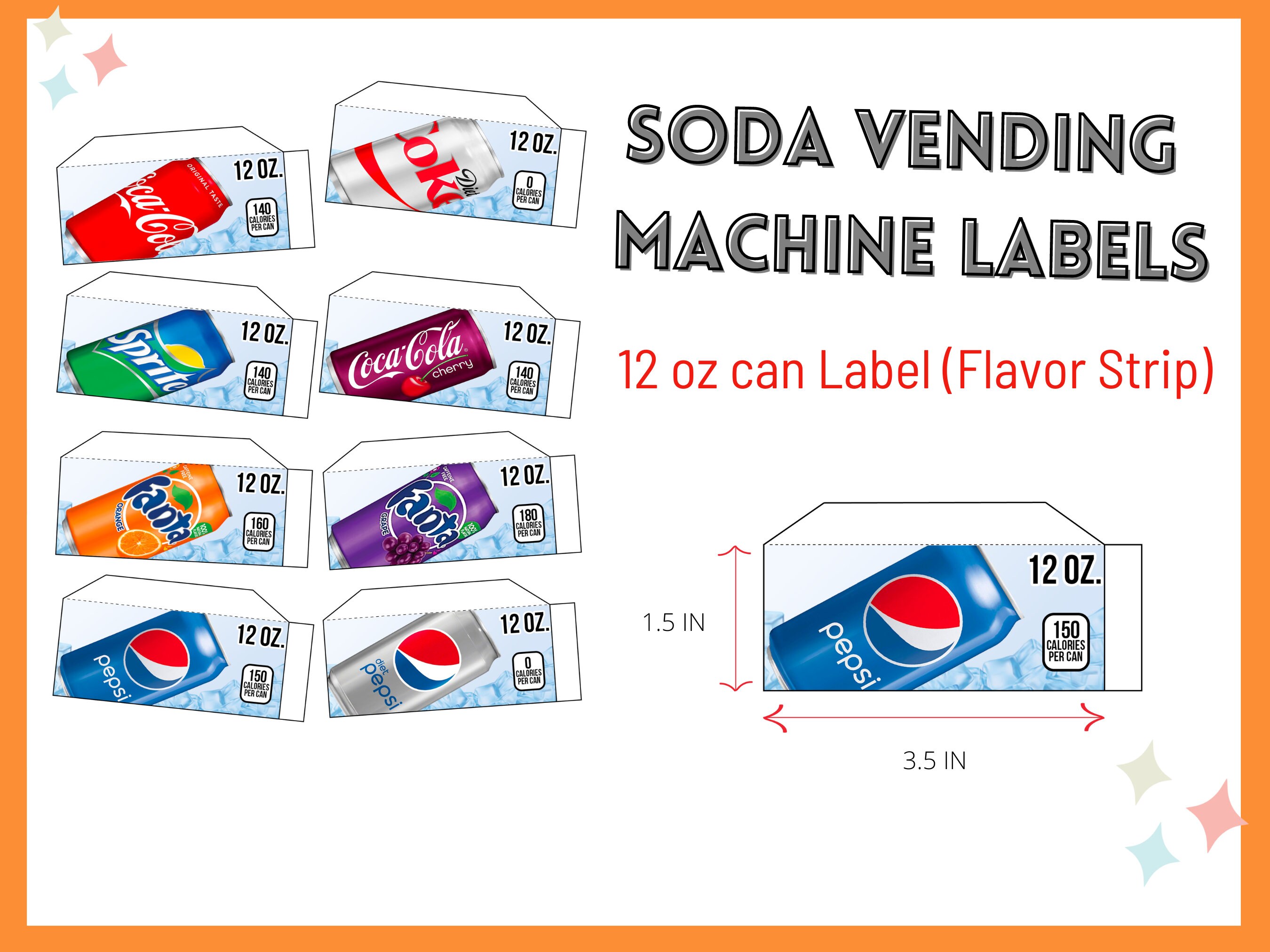 Variety Pack Soda Vending Machine 12oz Can Flavor Strips – 8 Labels, Fits Dixie Narco, Vendo, Royal, USI, FSI