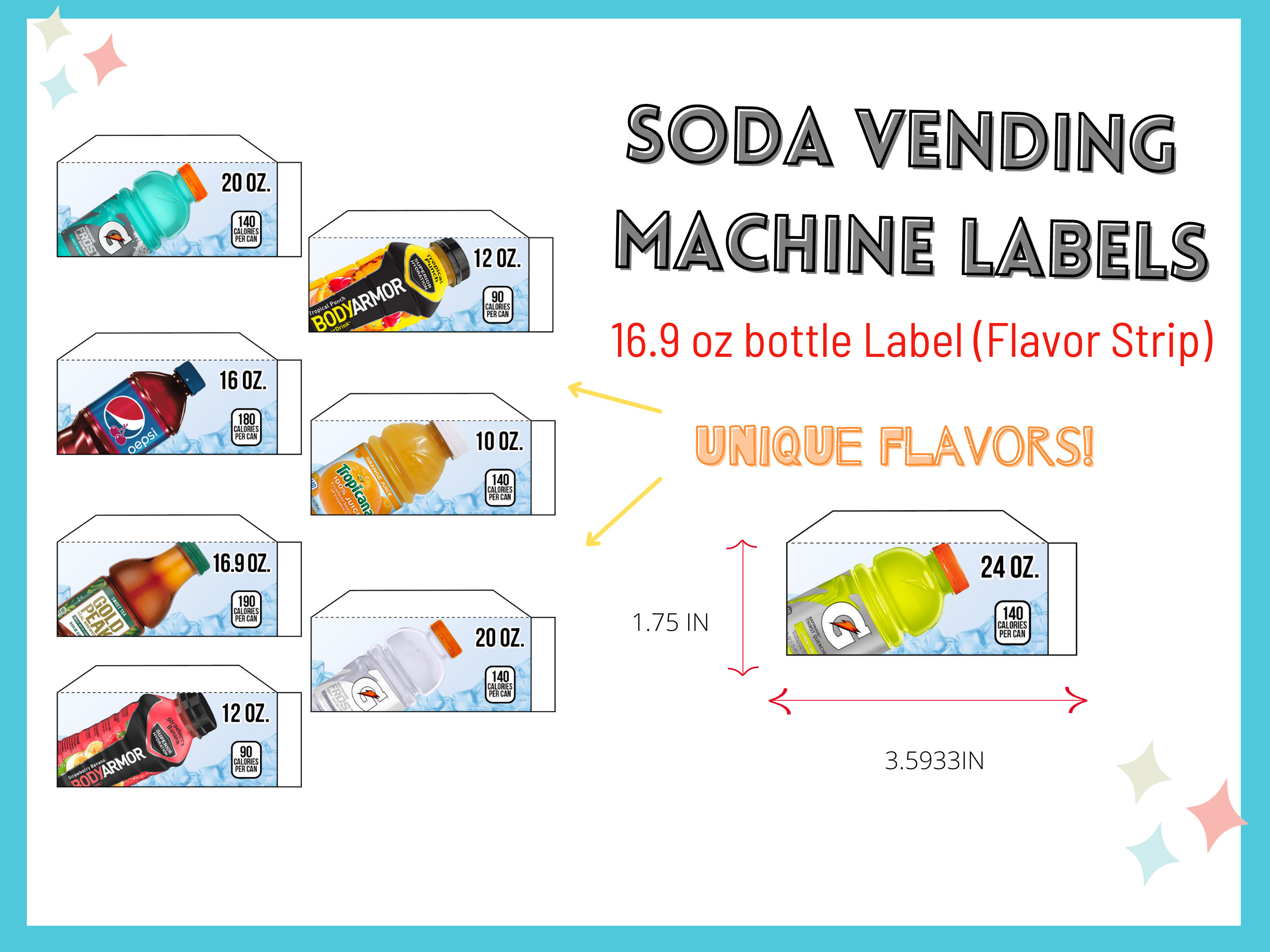 12 SODA VENDING MACHINE 16.9 Oz Bottle Label flavor Strip, Vending