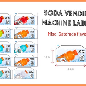 Może przedstawiać: Zestaw 10 etykiet do wydrukowania do automatu z napojami. Etykiety są dla różnych smaków Gatorade, w tym pomarańczowego, czerwonego, żółtego, niebieskiego i zielonego. Każda etykieta przedstawia butelkę Gatorade z nazwą smaku i rozmiarem w uncjach. Etykiety mają 8,9 cm szerokości i 3,8 cm wysokości.