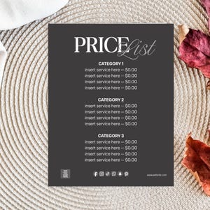 Editable Price List Template Canva Small Business Price List Beauty Salon Service Menu Pricing Sign Lash Tech Nail Tech Digital Download
