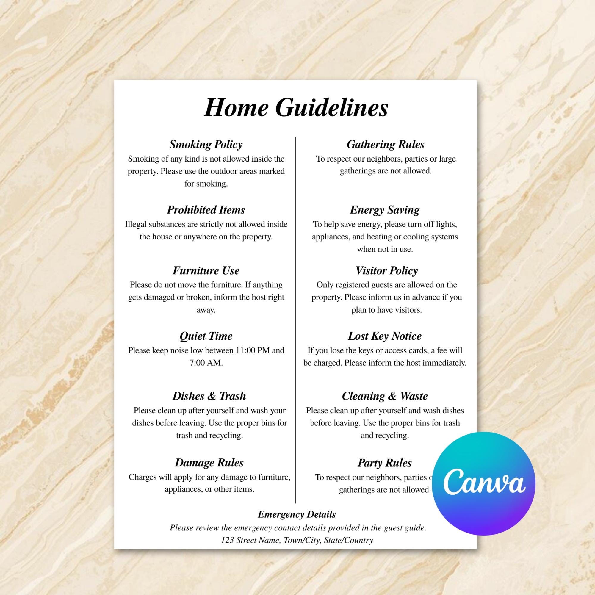 Airbnb House Rules Sign Canva Template Printable Vacation Rental Guest ...