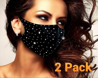 Rhinestone Face Mask 2 pack stretchy Black Hot Pink Blue Purple, Red, Gray, White Navy and bling Crystals Silver stones face mask  Neoprene