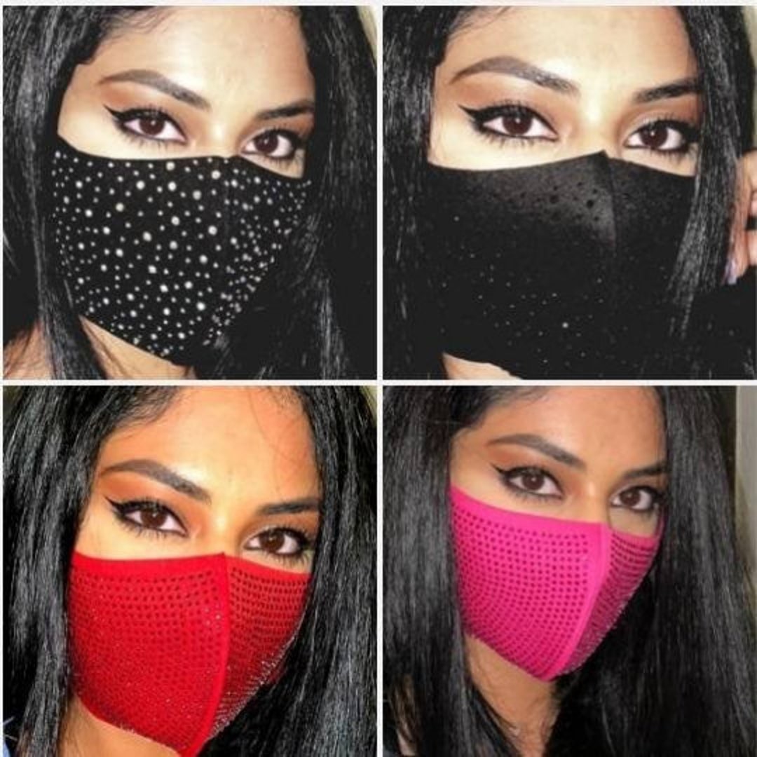 Rhinestone Face Mask Stretchy Black Red Hot Pink Blue Purple Burghandy ...