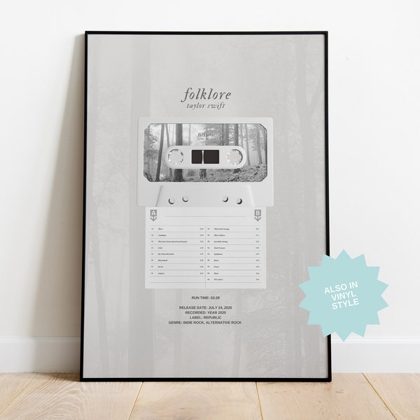 Folklore / Taylor Swift / Digital Print / Retro Cassette Style Poster / Digital Download Wall Art