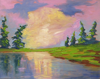 Original Lake Landscape Oil Painting, Pine Tree Reflection Art