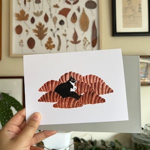 Cat on Croissants Greeting Card, Croissant Greeting Card, Tuxedo Cat and Croissant, Cat and Bread Blank Card, Cute Cat Greeting Card