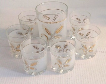 Vintage Mid-Century Modern MCM Devalbor Italy Frosted Glass Tumblers & Ice Bucket Set of 7