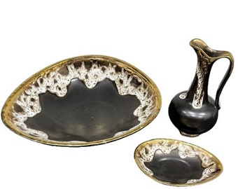 Vintage Dark Brown Gold Rimmed Ceramic Dripware Egg Shaped Bowl Set & Pitcher