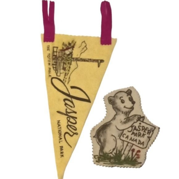 Discover Vintage Felt Totem Pole Pennant & Cartoon Bear Badge Jasper National Park Canada
