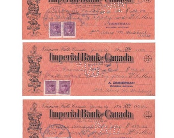 Vintage Lot of 3 Imperial Bank of Canada Paper Handwritten Cheques 1947