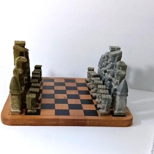 Vintage Hand Made African Theme Soap Stone Chess Set with Wooden Board