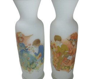 Pair of Vintage NAPCOWARE Frosted Glass Vases Signed Foster Victorian Wild Flowers