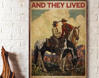 Vintage Poster Vintage Cowgirl Horse And Dogs Wall Art Gift For Cowgirl And She Lived Happily Ever After Poster Home Decor