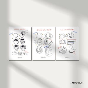 May include: Three white art prints with black line drawings. The prints feature the text "STRAWBERRY PINCH POT", "DESERT WALL SHELF", and "SLAB CRESCENT MOON". The artist's name, "ARTONOMY", is printed at the bottom of each print.