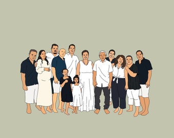 May include: Illustration of a group of people, likely a family, standing together. The figures are depicted with simple lines and solid colors. Some wear white, black, and navy clothing. The background is a solid, muted green.
