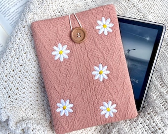 Housse pour Kindle - Pochette rembourrée pour liseuse avec patchs marguerites brodés, cadeau pour les amoureux des livres