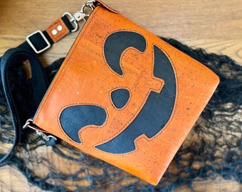 Jack O Lantern Pumpkin Small Cork Leather Crossbody Bag - Spooky Gift for Halloween Lovers