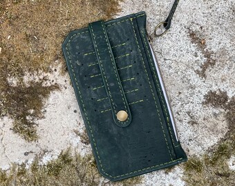 Portefeuille minimaliste pour femme en cuir de liège - Porte-cartes mince vert foncé pour tous les jours ou en voyage, cadeau pour elle, cadeau pour ado