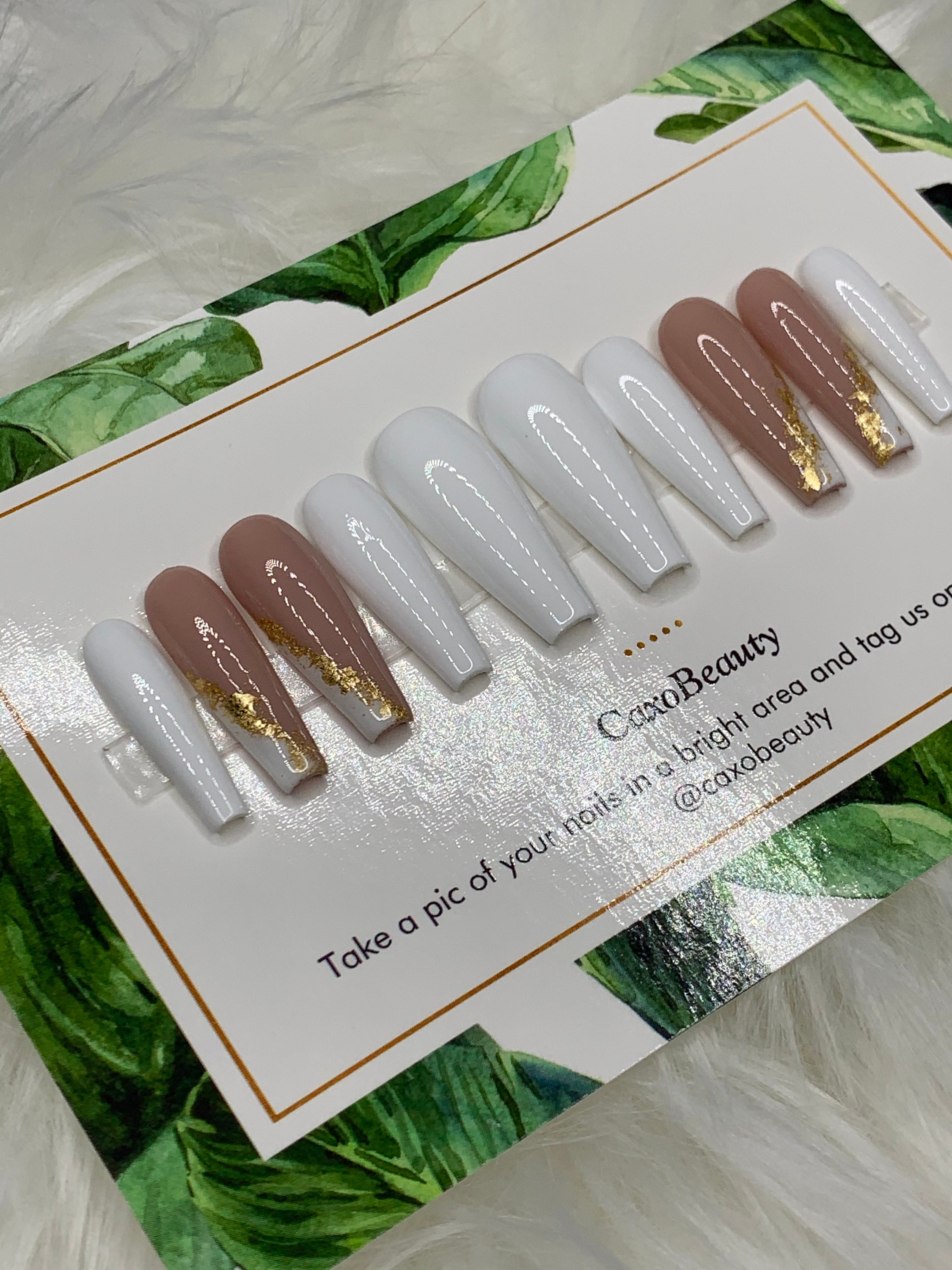 White gold press on nails gold accent nails | Etsy