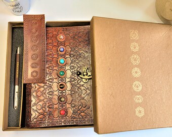 7 Chakra Leather Journal Set Gift Box  - Chakra Stones Meditation Manifestation Yoga Reiki Leather Notebook Travel Journaling