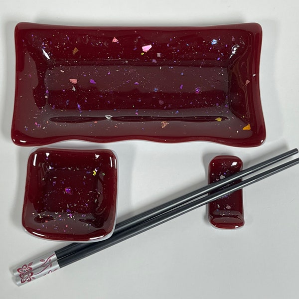 Fused Glass Sushi Dish Set - 3pcs + Chopsticks, Burgundy with dichroic accents MHG410